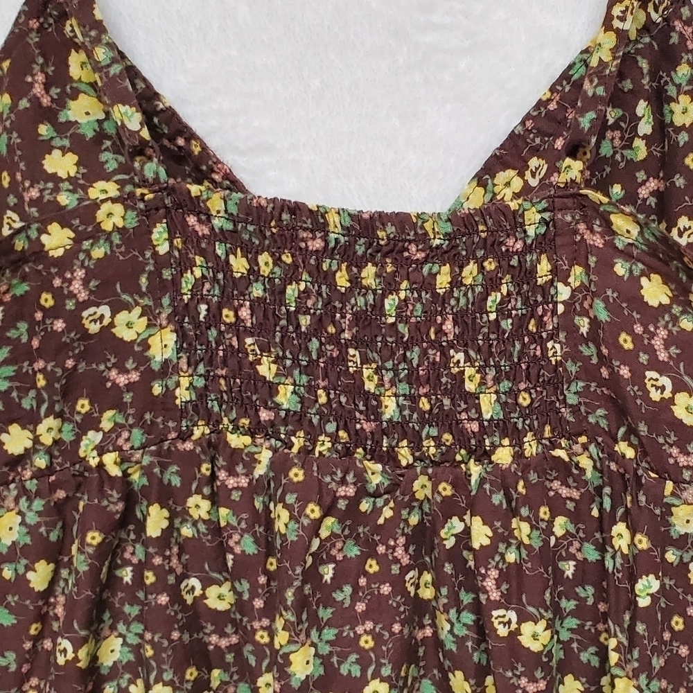 𝅺RETRO Y2K LEI Brown Yellow Ditsy Floral V-neck Pleated Mini Babydoll Dress S - Picture 10 of 14